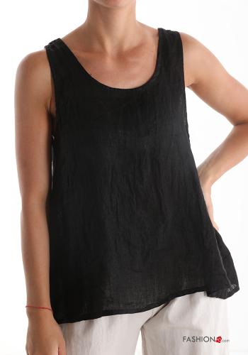  Linen Tank-Top with buttons Black