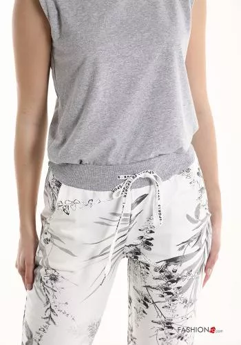 Pantalon en Coton à Imprimé Floral avec poches avec coulisse 