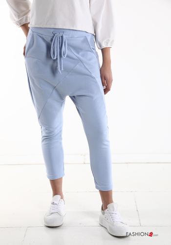  Pantalone sportivo in Cotone cavallo basso con tasche con coulisse  Celeste