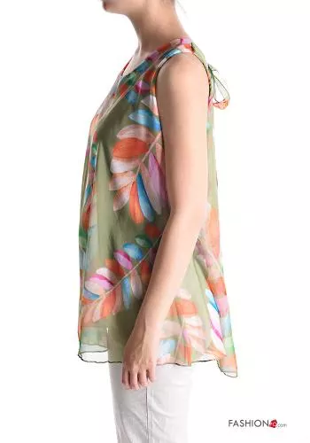  Leaf print sleeveless Blouse with bow