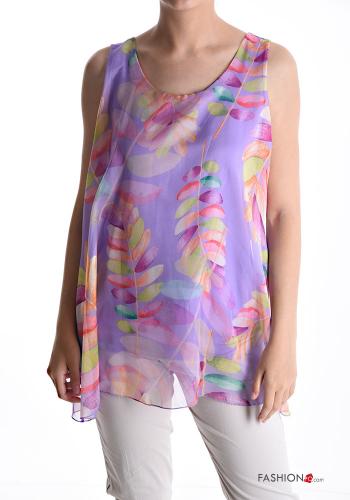  Leaf print sleeveless Blouse with bow Lilac