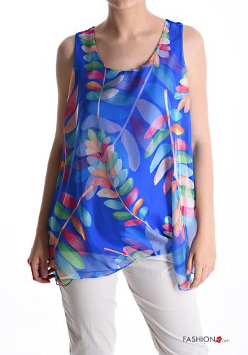  Leaf print sleeveless Blouse with bow Electric blue