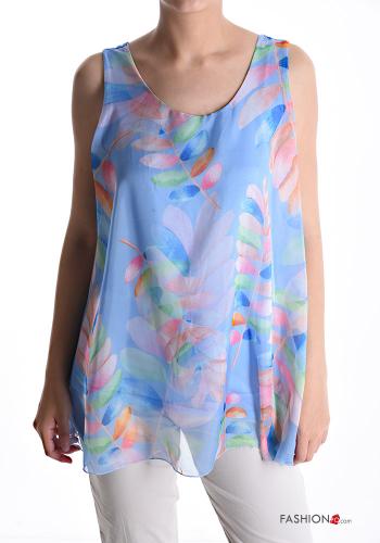  Leaf print sleeveless Blouse with bow Light -blue
