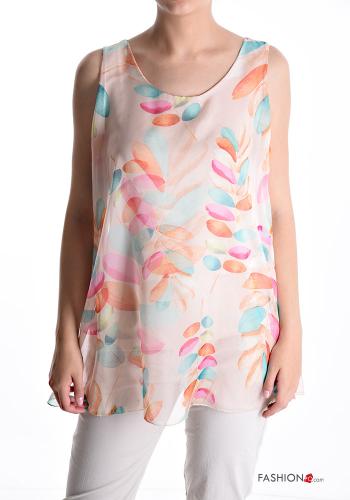  Leaf print sleeveless Blouse with bow Beige