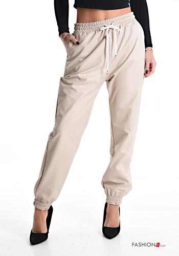  faux leather Trousers with drawstring with elastic with pockets Beige