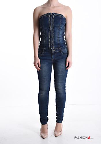  denim Cotton Jumpsuit with elastic with rhinestones with pockets with zip