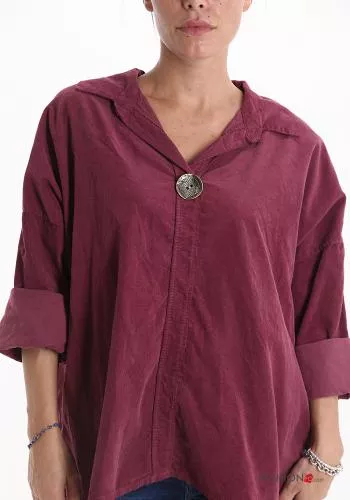  Blusa de Algodón de Terciopelo con cuello en v con botones manga tres cuartos 