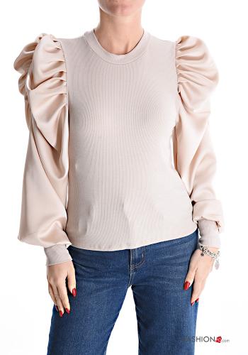  puff sleeve crew neck Long sleeved top  Beige