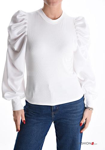 puff sleeve crew neck Long sleeved top  White