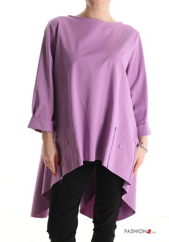  asymmetrical Cotton Blouse with pockets 3/4 sleeve Lilac