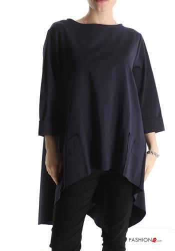 asymmetrisch Bluse aus Baumwolle mit Taschen 3/4 ärmel Nachtblau