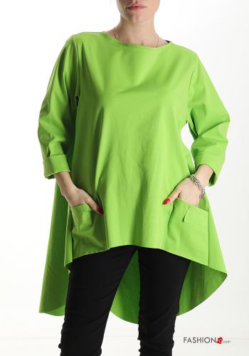  asymmetrisch Bluse aus Baumwolle mit Taschen 3/4 ärmel Grün Gelb