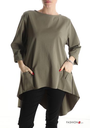  asymmetrisch Bluse aus Baumwolle mit Taschen 3/4 ärmel Olivgrün