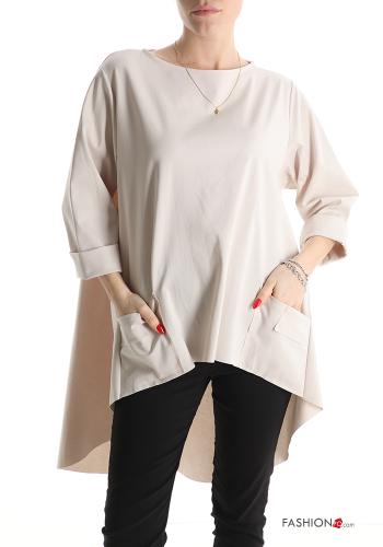  asymmetrical Cotton Blouse with pockets 3/4 sleeve Biscuit