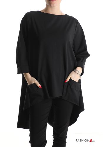  asymmetrisch Bluse aus Baumwolle mit Taschen 3/4 ärmel Schwarz