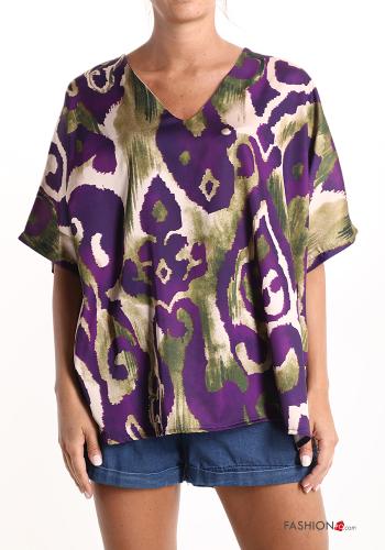  Abstract print Blouse with v-neck Plum