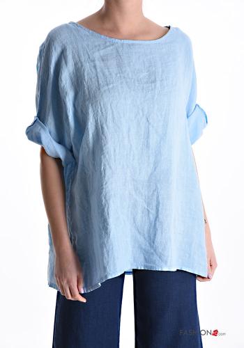  short sleeve Linen Blouse  Light -blue