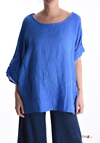  short sleeve Linen Blouse  Savoy blue