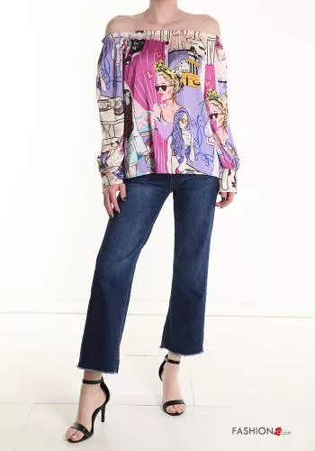  Pop-Art Muster Satin Bluse bardot-ausschnitt