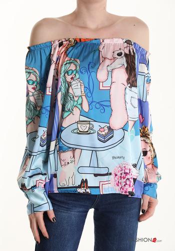 Blusa raso Fantasia pop art scollo alla bardot  Celeste