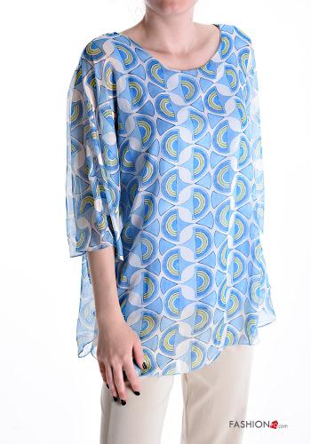  Geometric pattern Blouse 3/4 sleeve Light -blue