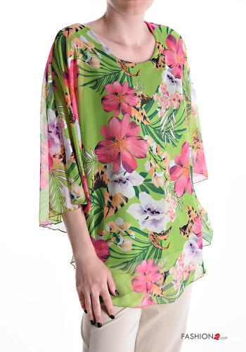  Floral Blouse 3/4 sleeve Fluo green