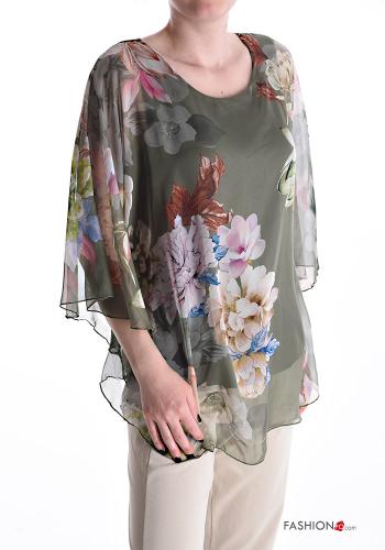  Floral Blouse 3/4 sleeve Military green