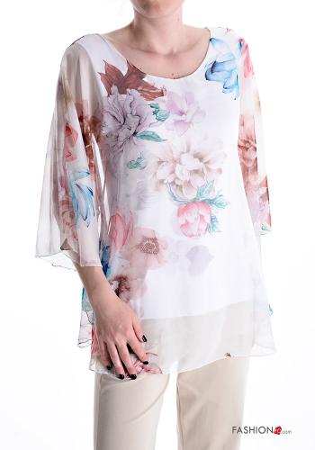  Floral Blouse 3/4 sleeve White