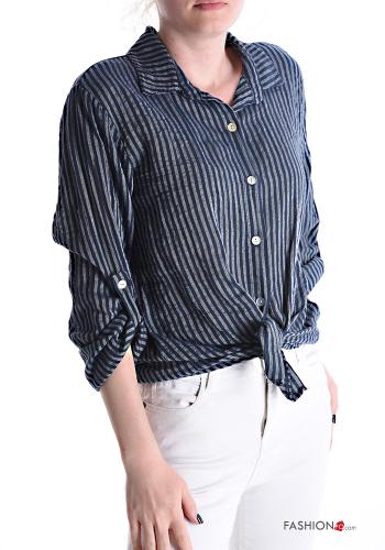 Striped Linen Shirt with knot 3/4 sleeve Midnight blue