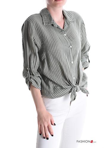  Striped Linen Shirt with knot 3/4 sleeve Military green