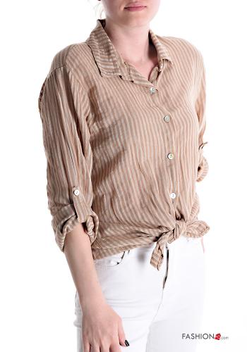  Striped Linen Shirt with knot 3/4 sleeve Camel