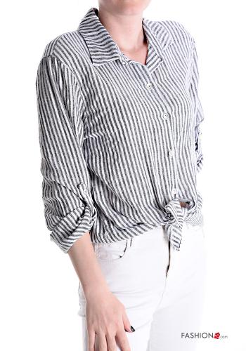  Striped Linen Shirt with knot 3/4 sleeve Light black