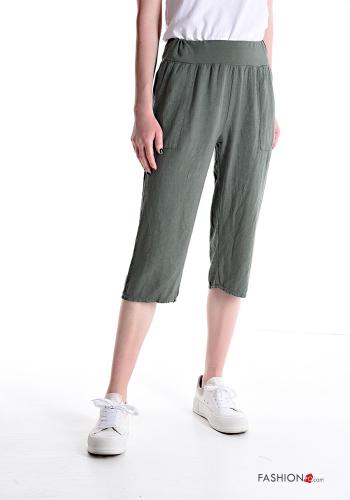  Pantalónes De Capri de Lino con bolsillos con elástico 