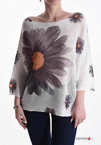  Floral Sweater 3/4 sleeve boat neckline