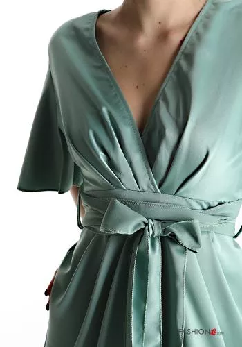  satin Dress with bow with v-neck