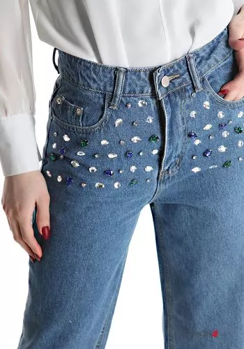  Jeans in Cotone a zampa vita alta con tasche con strass 