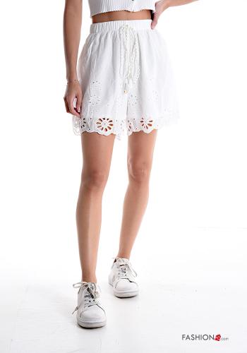  Shorts de Algodón con elástico con cordón bordado inglés  Blanco