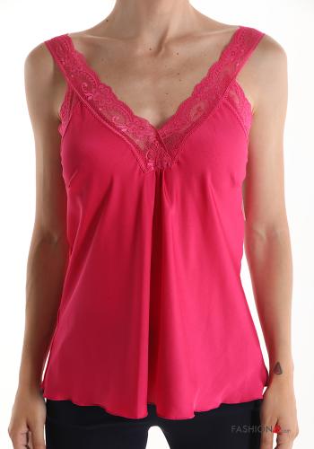  lace satin Tank-Top with v-neck Fucsia