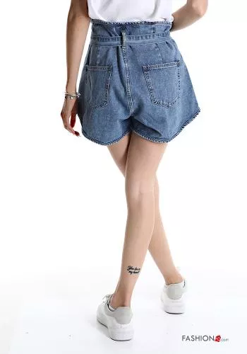  denim Cotton Shorts with belt with pockets