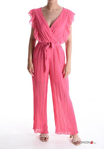  Jumpsuit plissé senza maniche scollo a V con fusciacca  Fucsia