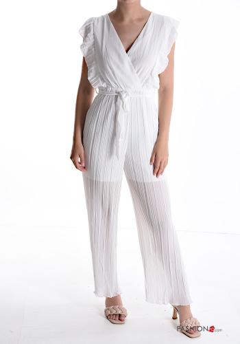  Jumpsuit plissé senza maniche scollo a V con fusciacca  Bianco