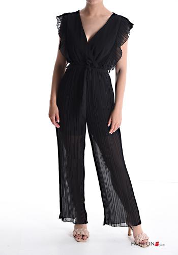  Jumpsuit plissé senza maniche scollo a V con fusciacca  Nero