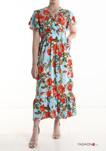  Floral short sleeve long Cotton Dress with v-neck