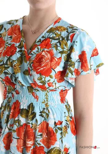  Floral short sleeve long Cotton Dress with v-neck