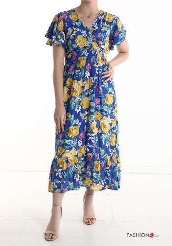  Floral short sleeve long Cotton Dress with v-neck Blue