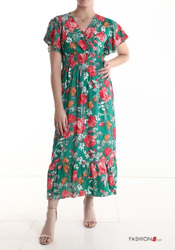  Floral short sleeve long Cotton Dress with v-neck Jade
