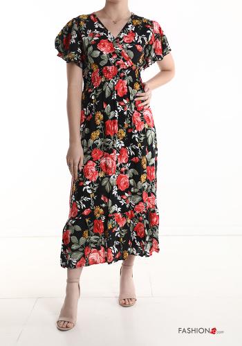  Floral short sleeve long Cotton Dress with v-neck Black