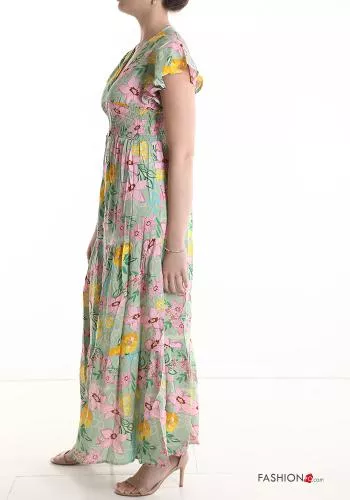  Floral short sleeve long Cotton Dress with flounces with v-neck