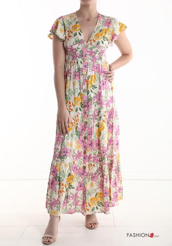  Floral short sleeve long Cotton Dress with flounces with v-neck White Cream