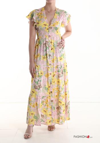  Floral short sleeve long Cotton Dress with flounces with v-neck Lemon chiffon